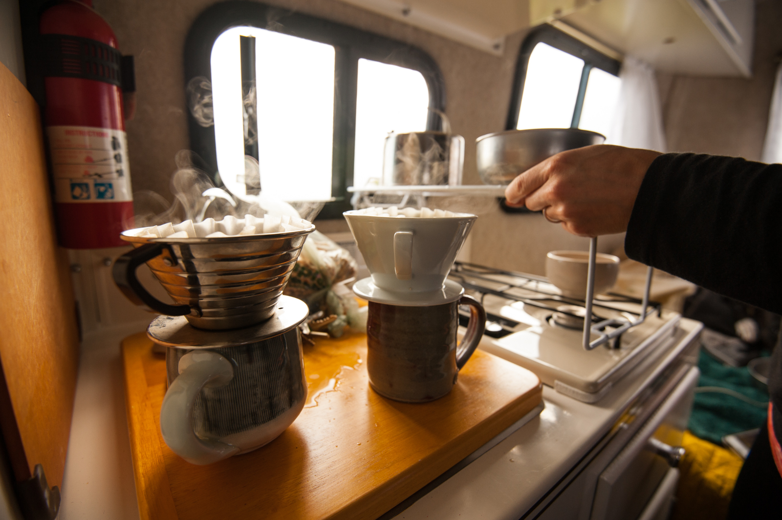 Coffee in the Scamp trailer