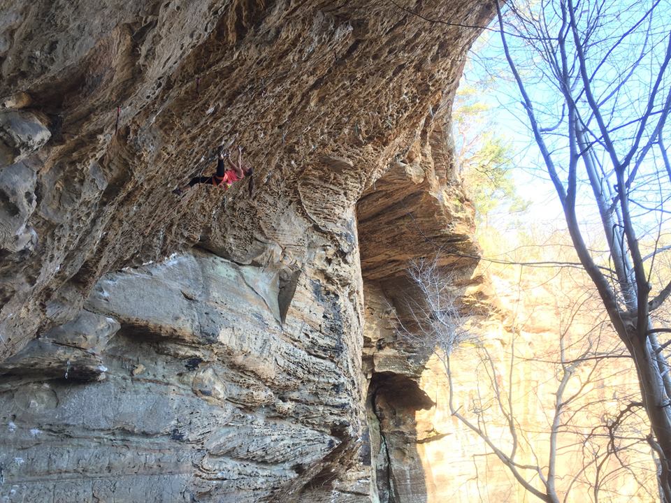 Brooke climbing Southern Smoke (5.14c).