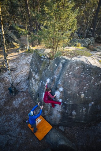 The Red Circuit at Rocher Aux Sabot is nails!!! Having fun delicately compressing myself up the boulders of Fontainebleau. Photo: Jeremiah Watt