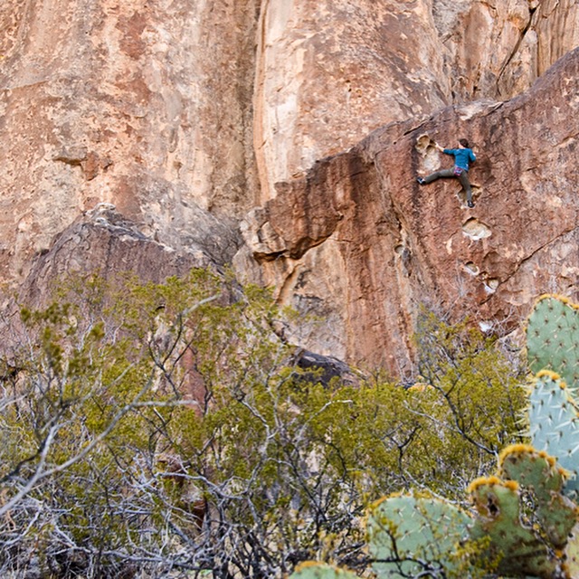 A must do in Hueco Tanks, Mellon Patch (V2), is also one of 101 problems on The Wanker Circuit. Photo: Dawn Kish