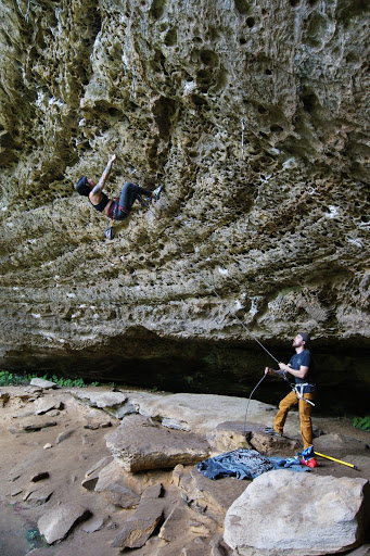 Briana Blanchard rock climbing on Betavul Pipeline